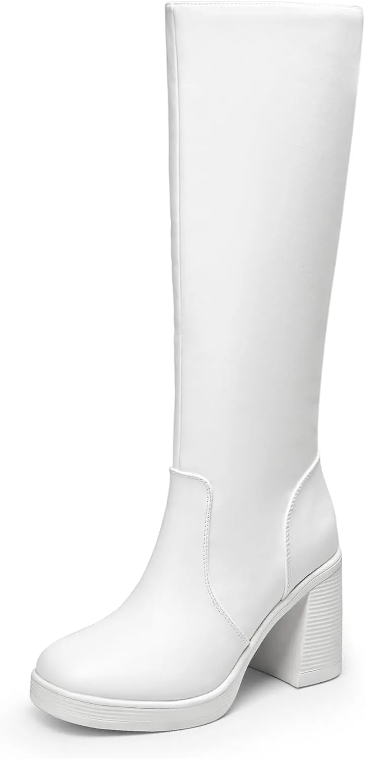 DREAM PAIRS Women's Knee High Boots Square Toe Chunky Block Heel Side Zipper Platform Gogo Boots