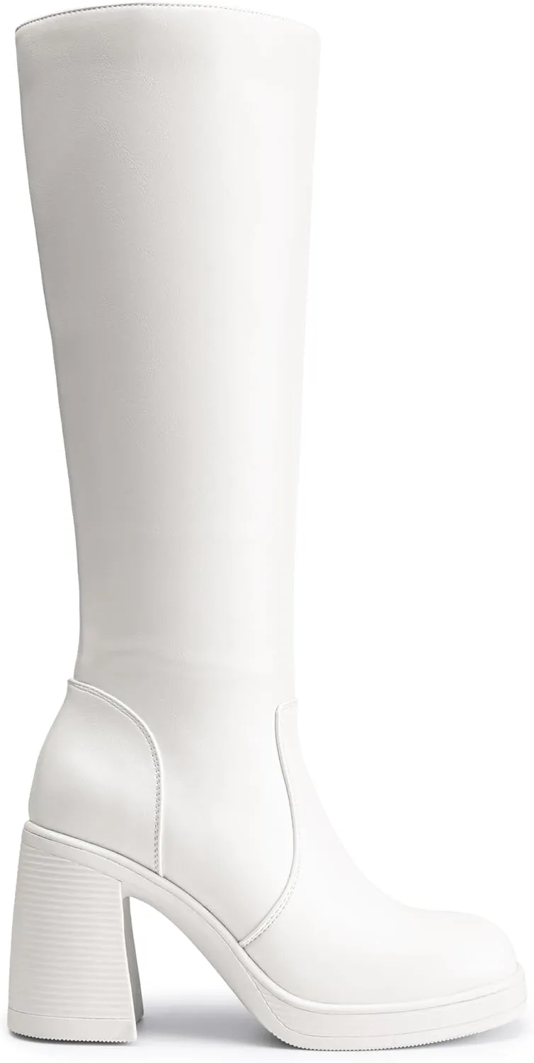 DREAM PAIRS Women's Knee High Boots Square Toe Chunky Block Heel Side Zipper Platform Gogo Boots