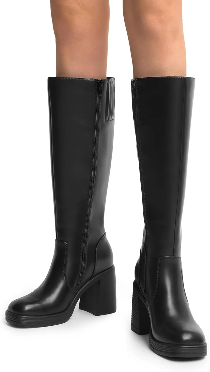DREAM PAIRS Women's Knee High Boots Square Toe Chunky Block Heel Side Zipper Platform Gogo Boots