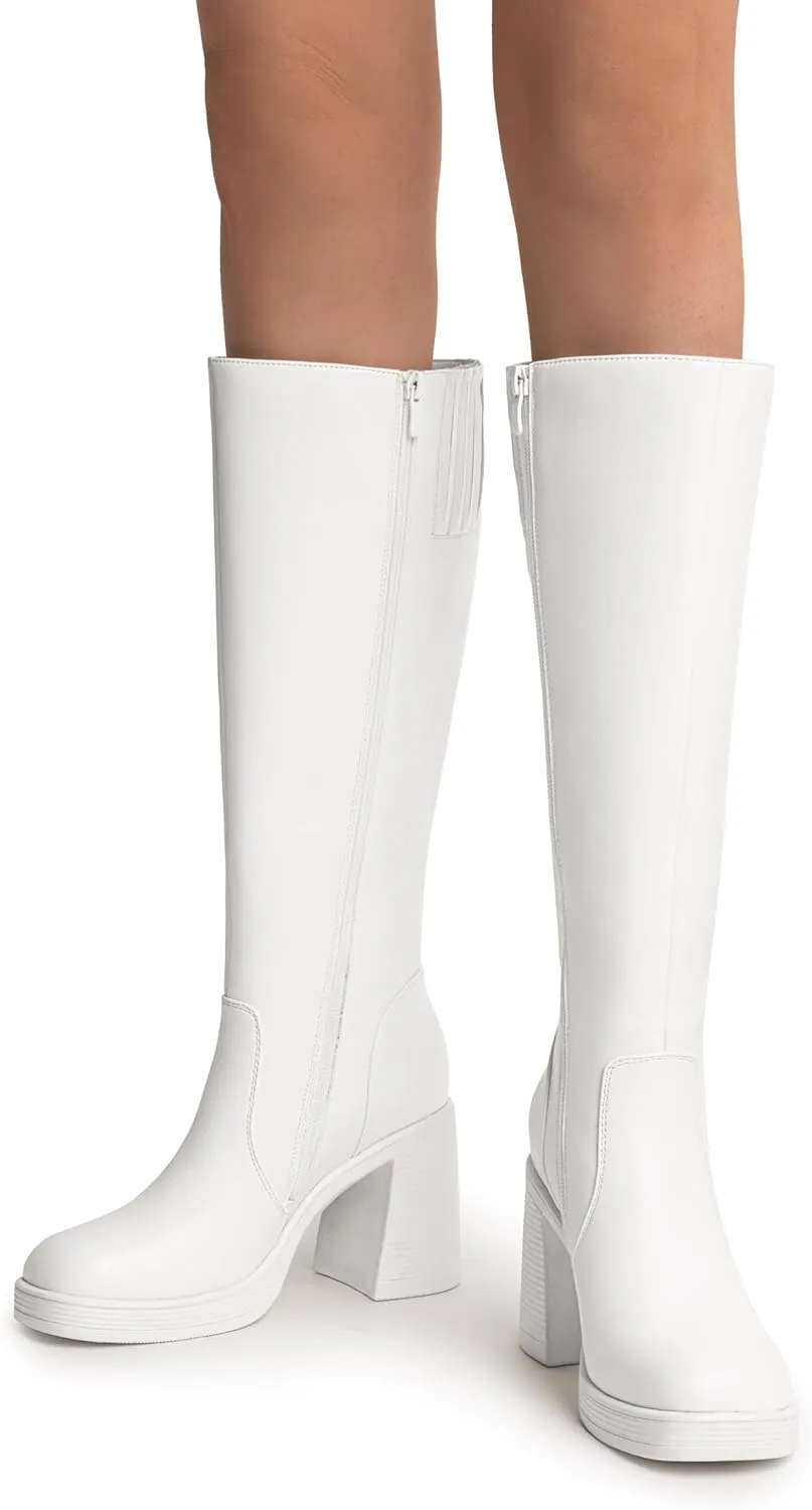 DREAM PAIRS Women's Knee High Boots Square Toe Chunky Block Heel Side Zipper Platform Gogo Boots