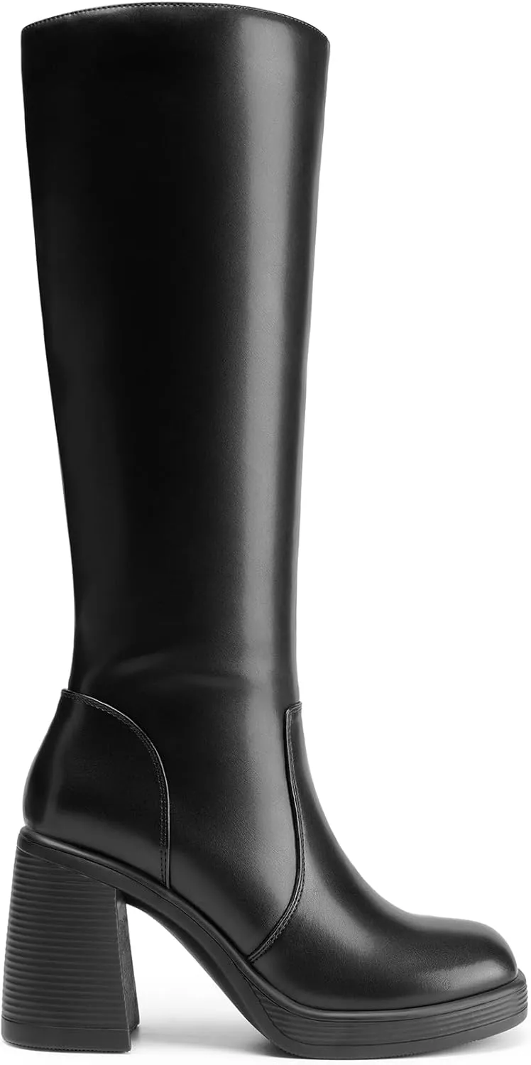 DREAM PAIRS Women's Knee High Boots Square Toe Chunky Block Heel Side Zipper Platform Gogo Boots