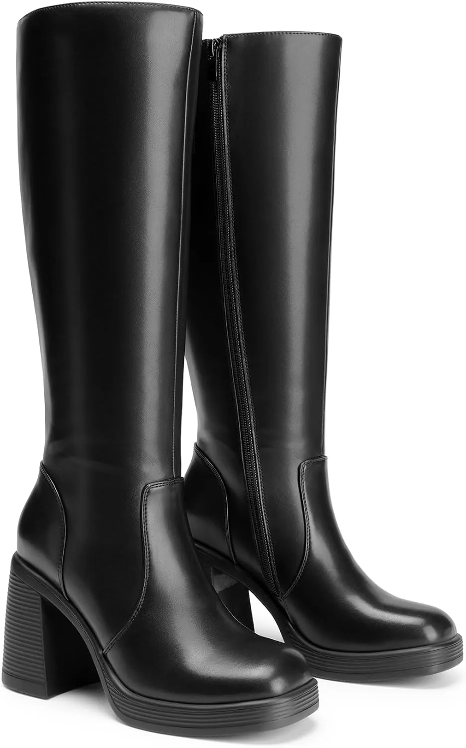 DREAM PAIRS Women's Knee High Boots Square Toe Chunky Block Heel Side Zipper Platform Gogo Boots