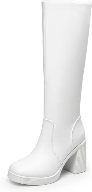 DREAM PAIRS Women's Knee High Boots Square Toe Chunky Block Heel Side Zipper Platform Gogo Boots
