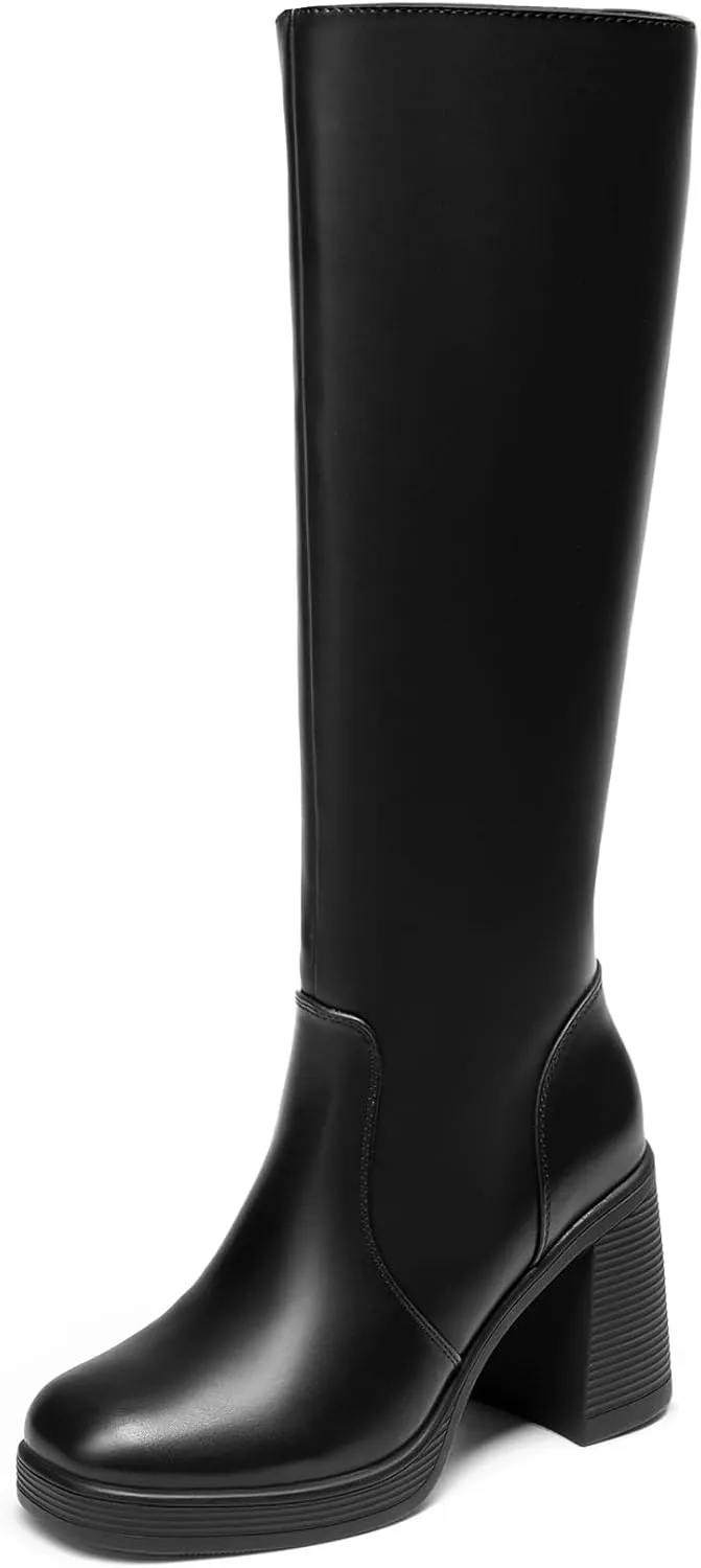 DREAM PAIRS Women's Knee High Boots Square Toe Chunky Block Heel Side Zipper Platform Gogo Boots