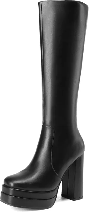 DREAM PAIRS Women's Platform Heeled Knee High Boots, Long Chunky Tall Gogo Boots for Fall