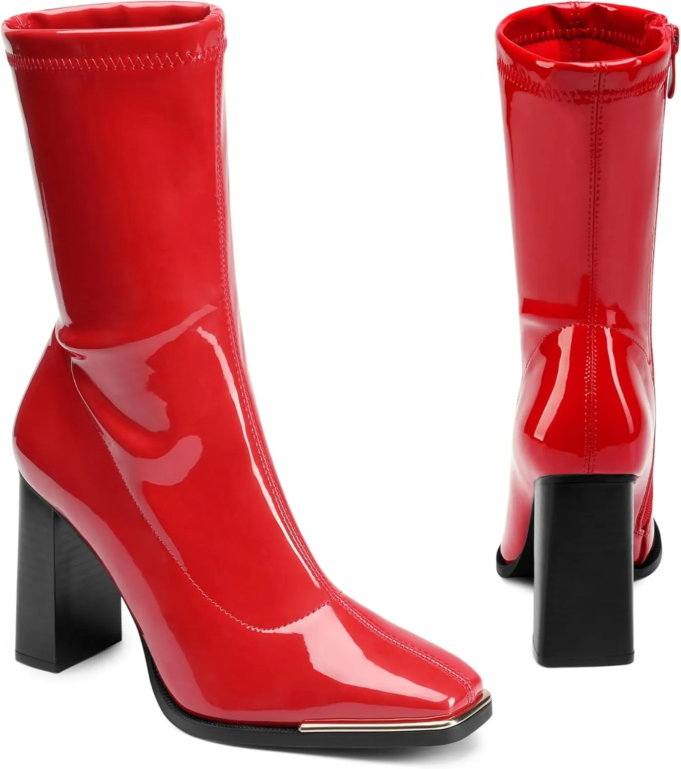 DREAM PAIRS Women's Square Toe Gogo Boots Elastic Ankle Boots High Chunky Block Heel Mid Calf Boots