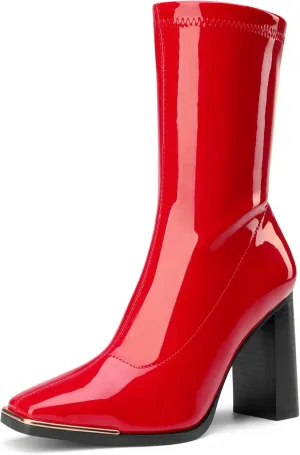 DREAM PAIRS Women's Square Toe Gogo Boots Elastic Ankle Boots High Chunky Block Heel Mid Calf Boots