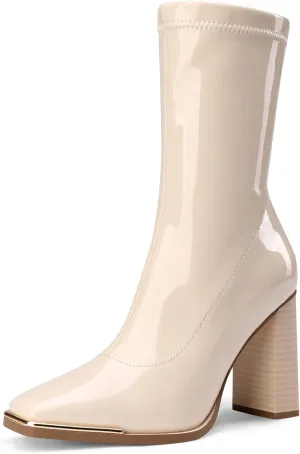 DREAM PAIRS Women's Square Toe Gogo Boots Elastic Ankle Boots High Chunky Block Heel Mid Calf Boots