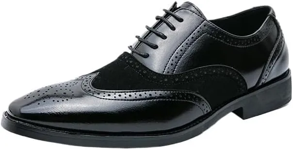 Elegant Handmade Genuine Leather Men's Dress Shoes, Lace-up Patchwork Cap Toe Oxfords, Business Office Formal Shoe for Men, Breathable Loafers Shoes