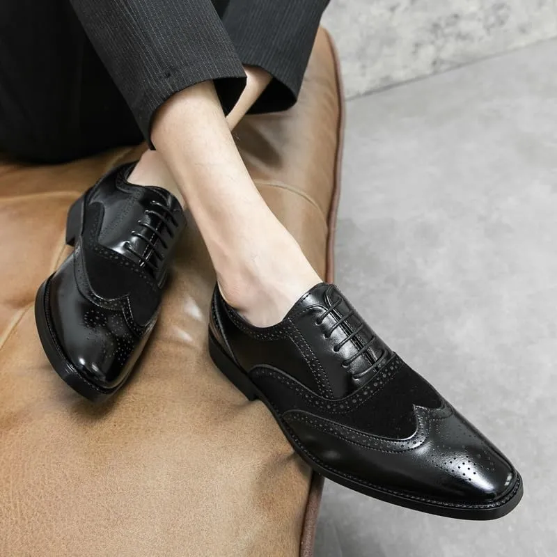 Elegant Handmade Genuine Leather Men's Dress Shoes, Lace-up Patchwork Cap Toe Oxfords, Business Office Formal Shoe for Men, Breathable Loafers Shoes