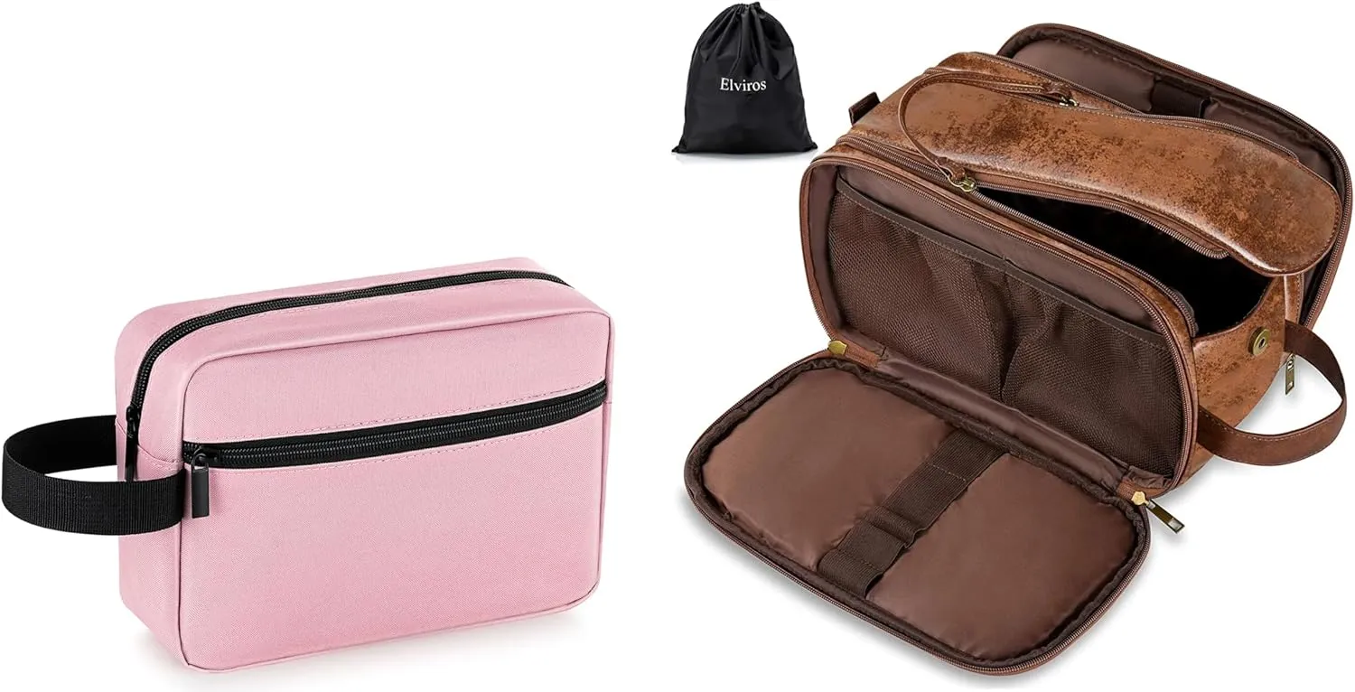 Elviros Travel Toiletry Bag for Men and Women, Shaving Dopp Kit Water-resistant Bathroom Small Toiletries Organizer PU Leather Cosmetic Bags