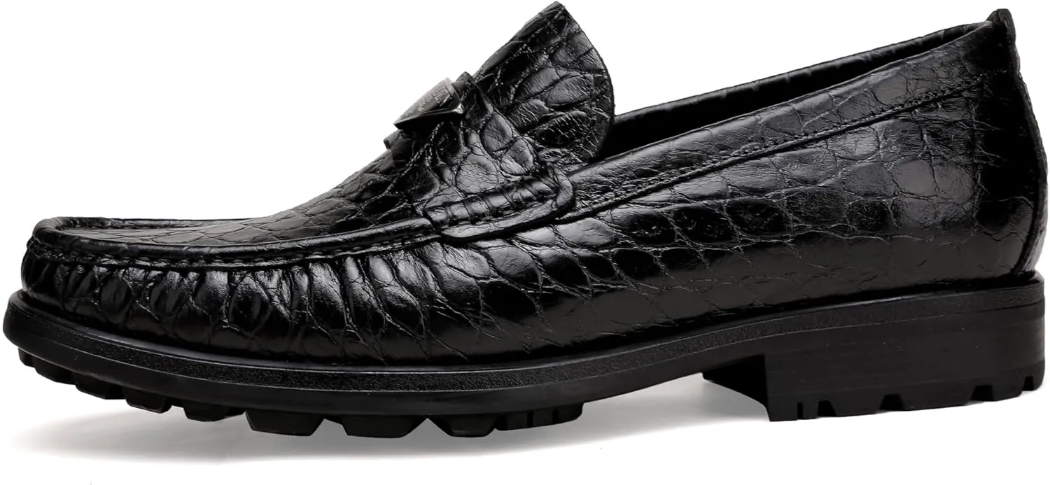 Fashion Leather Penny Loafers for Mens, Crocodile Printed Thick Sole Slip on Dress Shoes for Men Business Formal Shoes