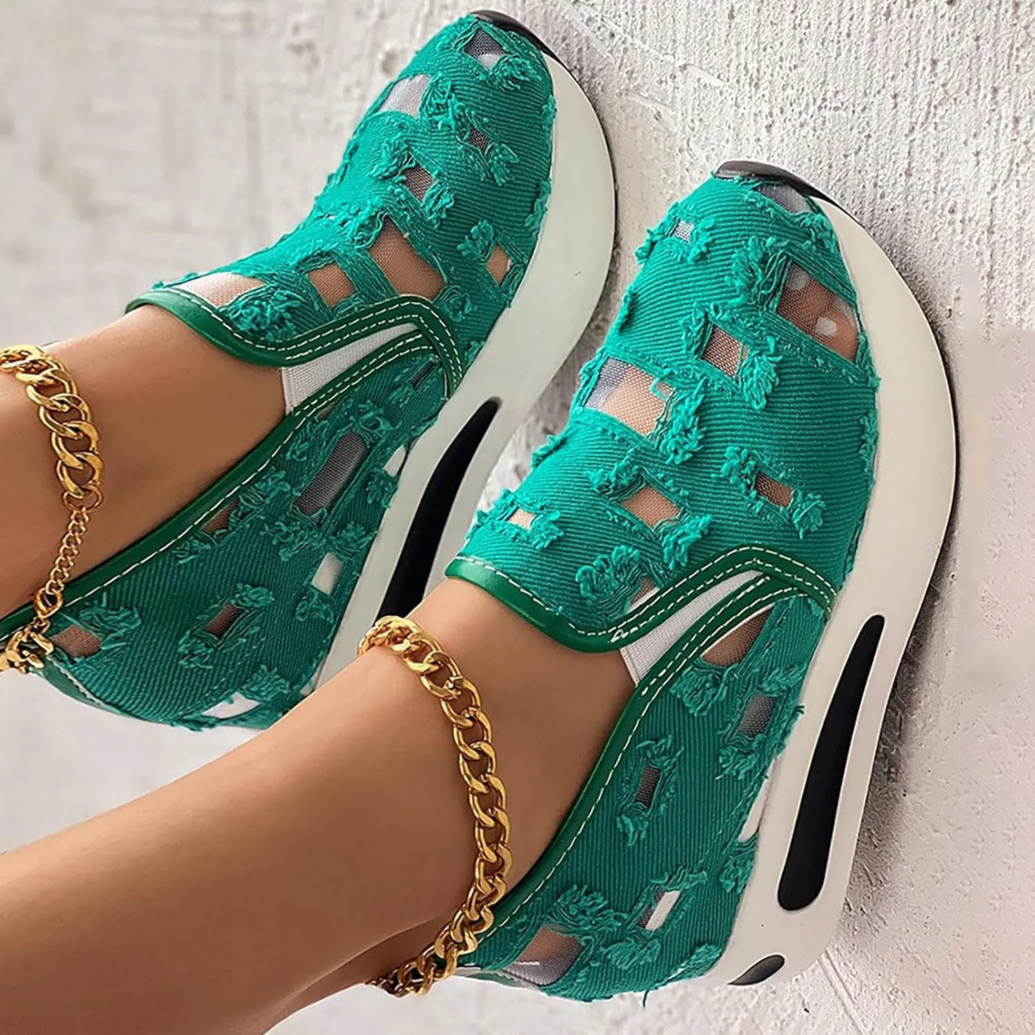 Fashion Sneakers for Women Platform Wedge Sneakers Fashion Embroidery Floral Mesh Air Comfort Chunky Sole Hidden High Heels Slip On Loafers Breathable Walking Work Shoes with Arch Support