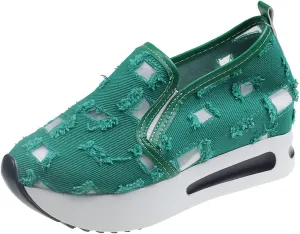 Fashion Sneakers for Women Platform Wedge Sneakers Fashion Embroidery Floral Mesh Air Comfort Chunky Sole Hidden High Heels Slip On Loafers Breathable Walking Work Shoes with Arch Support