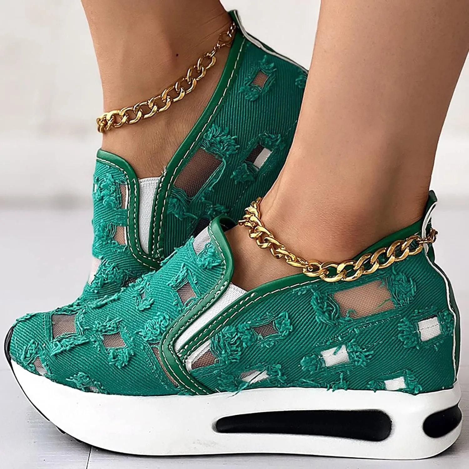 Fashion Sneakers for Women Platform Wedge Sneakers Fashion Embroidery Floral Mesh Air Comfort Chunky Sole Hidden High Heels Slip On Loafers Breathable Walking Work Shoes with Arch Support