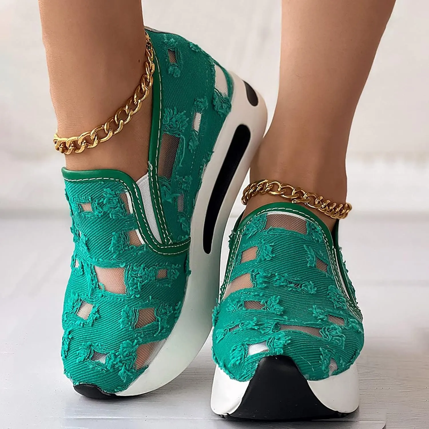 Fashion Sneakers for Women Platform Wedge Sneakers Fashion Embroidery Floral Mesh Air Comfort Chunky Sole Hidden High Heels Slip On Loafers Breathable Walking Work Shoes with Arch Support