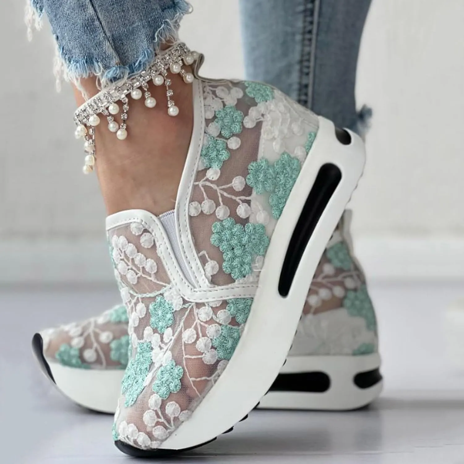 Fashion Sneakers for Women Platform Wedge Sneakers Floral Embroidery Breathable Sheer Mesh Lace Sneaker Mesh Air Comfort Chunky Sole Hidden High Heels Slip On Loafers Dressy Casual Walking Shoes