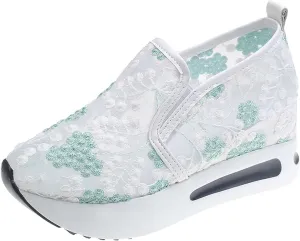Fashion Sneakers for Women Platform Wedge Sneakers Floral Embroidery Breathable Sheer Mesh Lace Sneaker Mesh Air Comfort Chunky Sole Hidden High Heels Slip On Loafers Dressy Casual Walking Shoes
