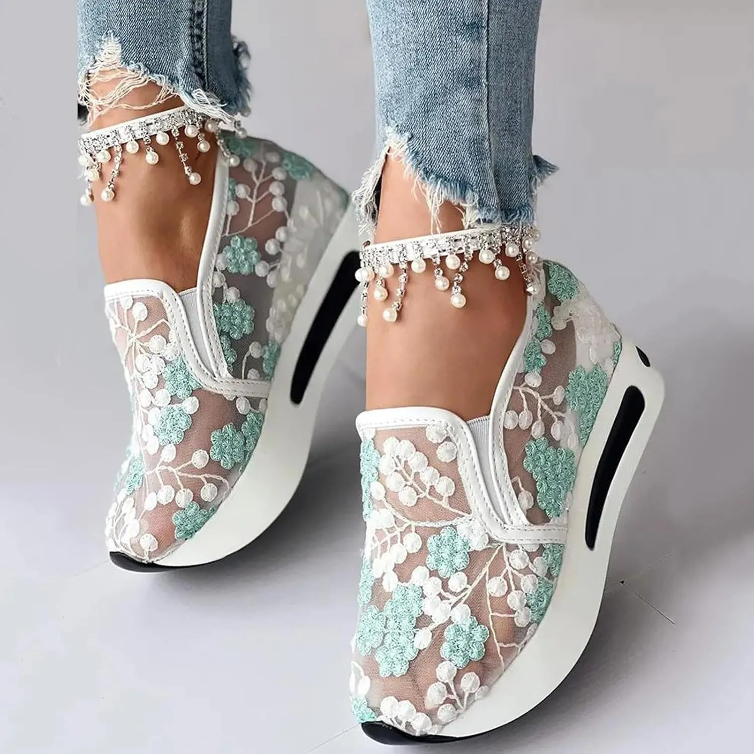 Fashion Sneakers for Women Platform Wedge Sneakers Floral Embroidery Breathable Sheer Mesh Lace Sneaker Mesh Air Comfort Chunky Sole Hidden High Heels Slip On Loafers Dressy Casual Walking Shoes