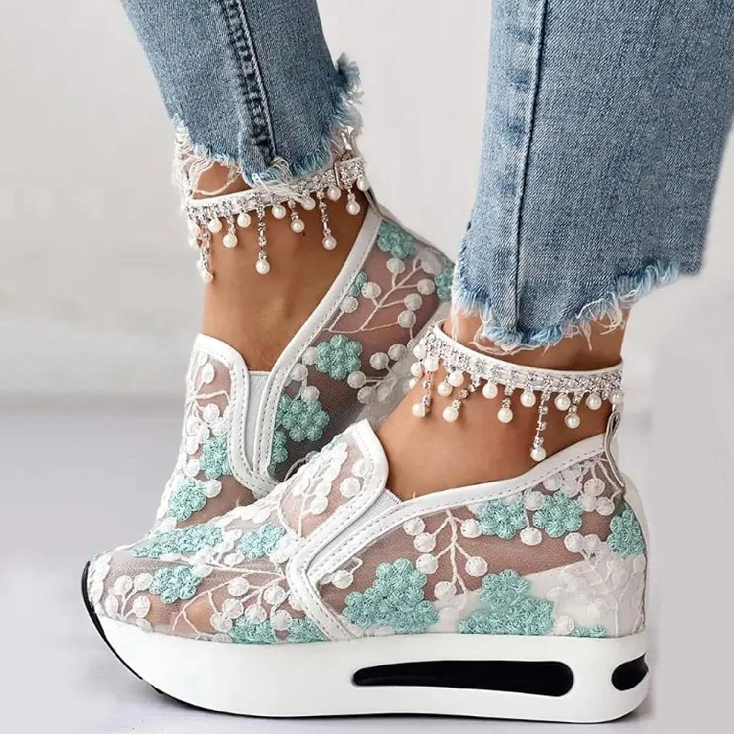 Fashion Sneakers for Women Platform Wedge Sneakers Floral Embroidery Breathable Sheer Mesh Lace Sneaker Mesh Air Comfort Chunky Sole Hidden High Heels Slip On Loafers Dressy Casual Walking Shoes