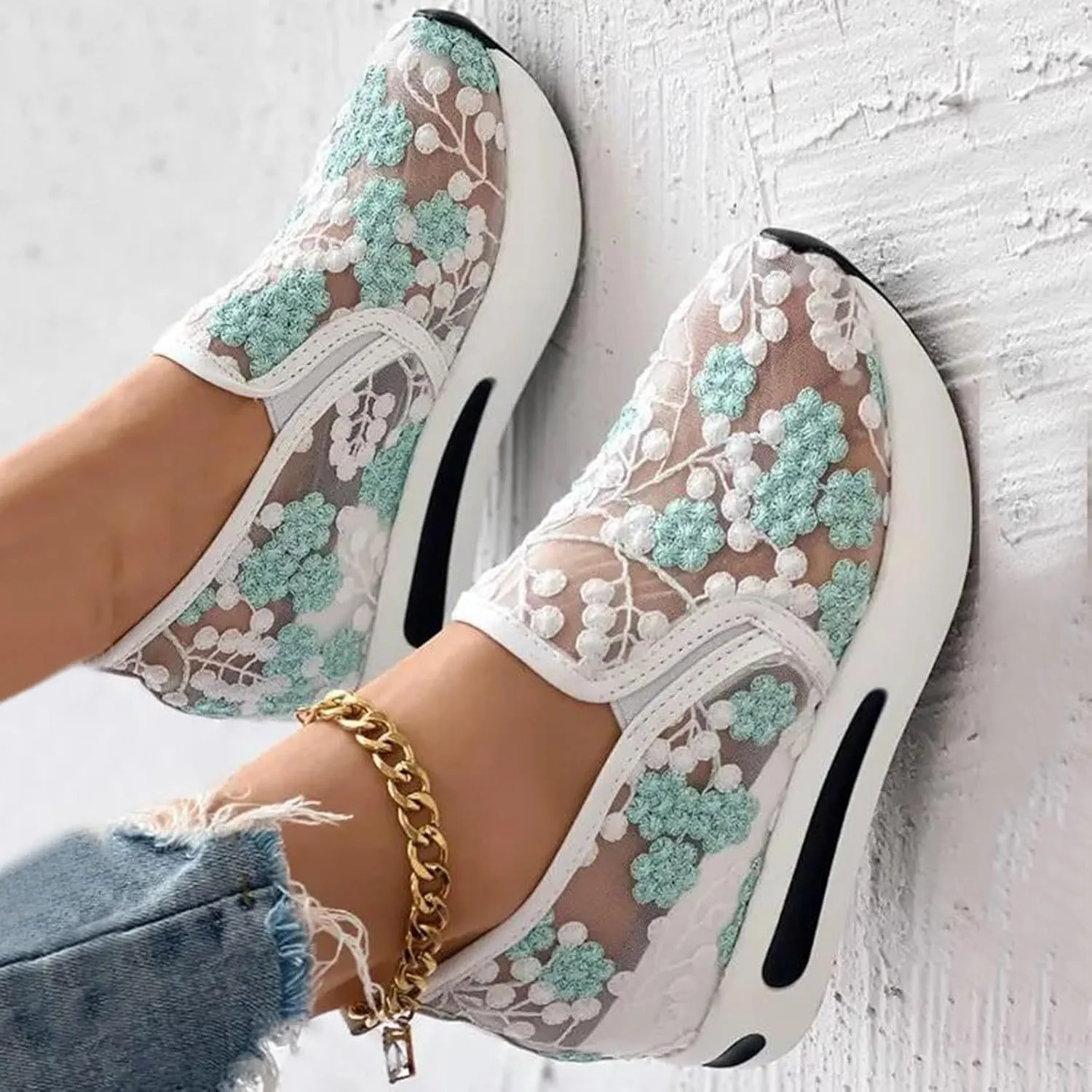 Fashion Sneakers for Women Platform Wedge Sneakers Floral Embroidery Breathable Sheer Mesh Lace Sneaker Mesh Air Comfort Chunky Sole Hidden High Heels Slip On Loafers Dressy Casual Walking Shoes