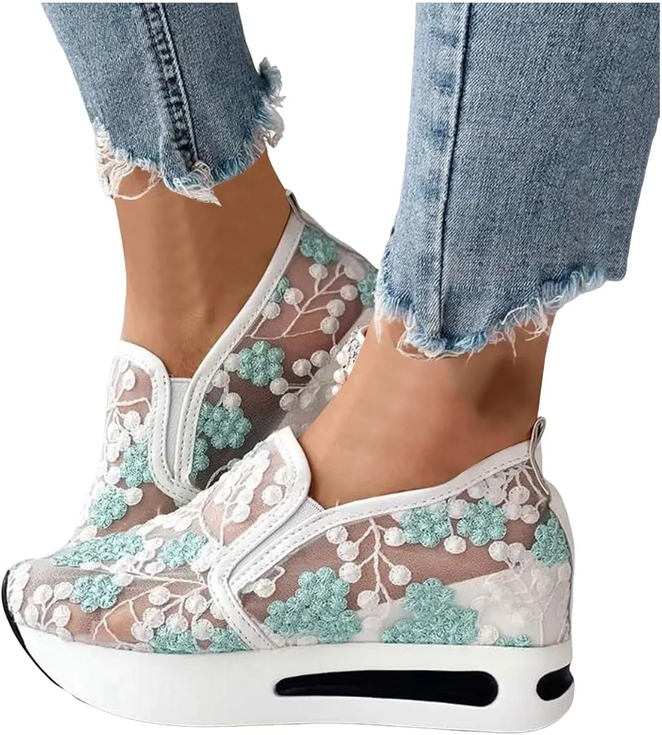 Fashion Sneakers for Women Platform Wedge Sneakers Floral Embroidery Breathable Sheer Mesh Lace Sneaker Mesh Air Comfort Chunky Sole Hidden High Heels Slip On Loafers Dressy Casual Walking Shoes