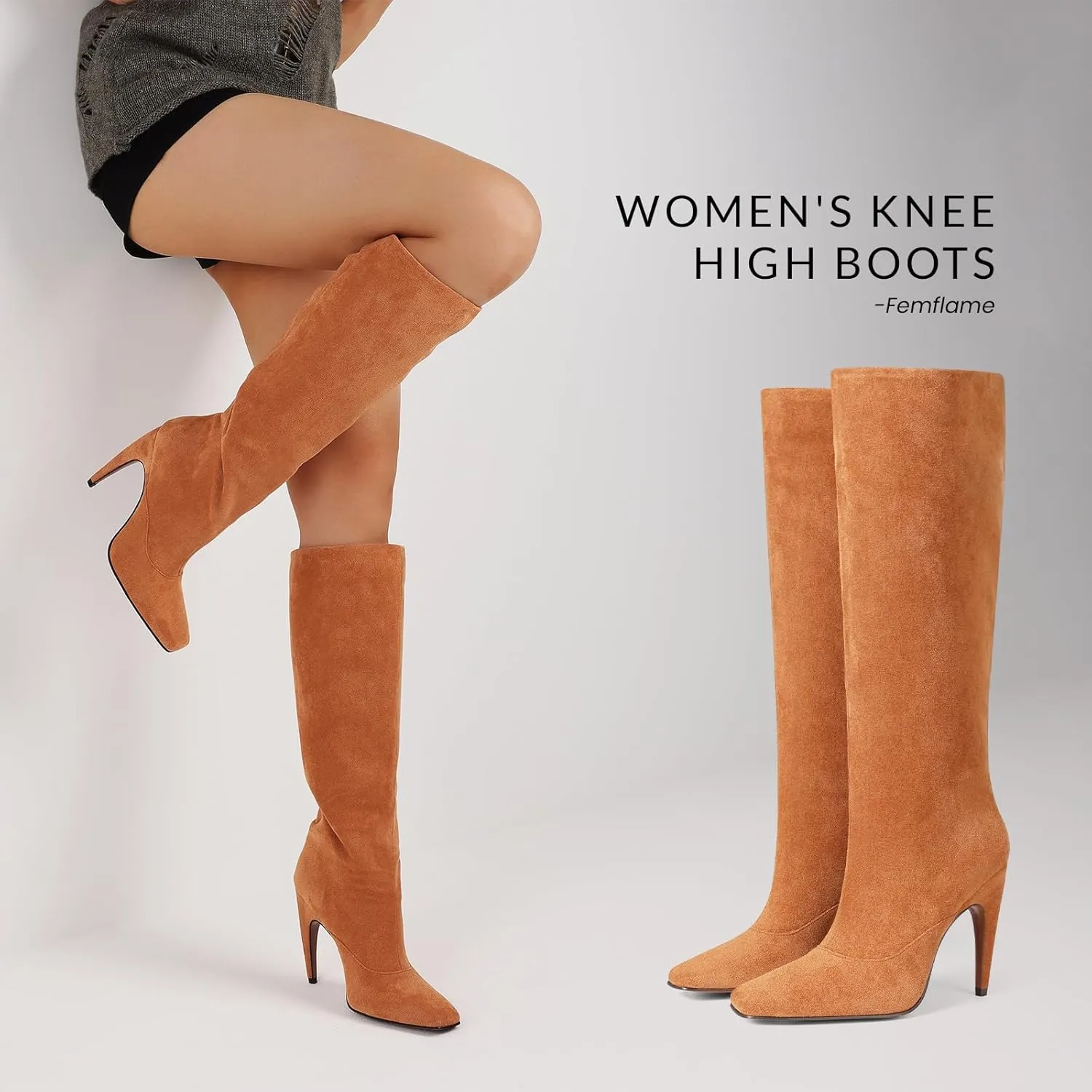 femflame Knee High Boots for Women Wide Calf Long Boots Suede Square Toe Pull On Stiletto Heel Tall Boots