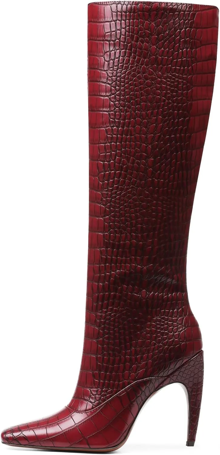 femflame Knee High Boots for Women Wide Calf Long Boots Suede Square Toe Pull On Stiletto Heel Tall Boots