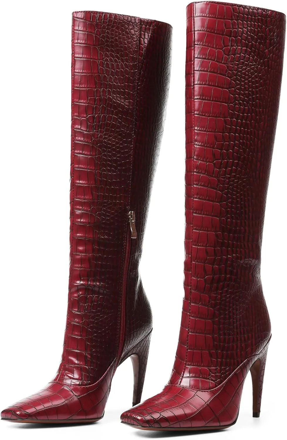 femflame Knee High Boots for Women Wide Calf Long Boots Suede Square Toe Pull On Stiletto Heel Tall Boots
