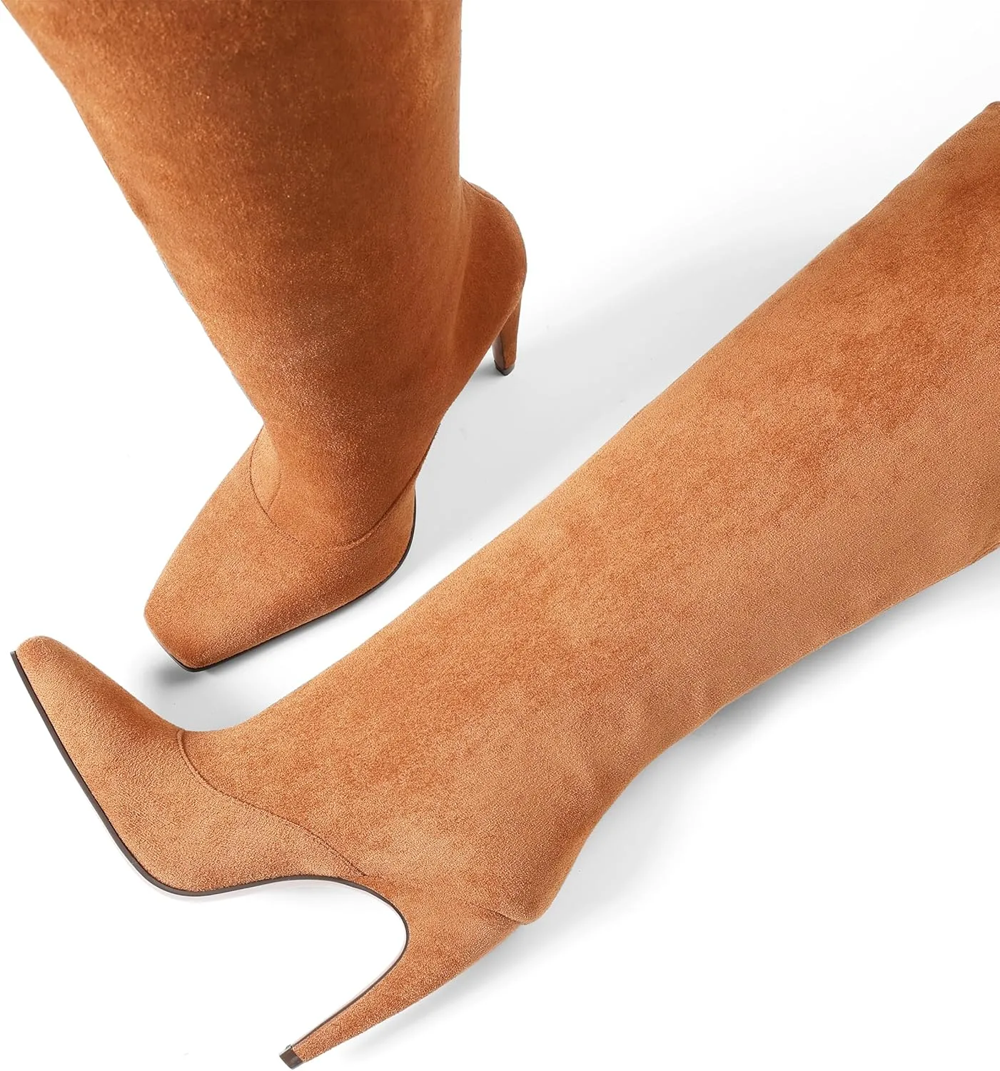 femflame Knee High Boots for Women Wide Calf Long Boots Suede Square Toe Pull On Stiletto Heel Tall Boots