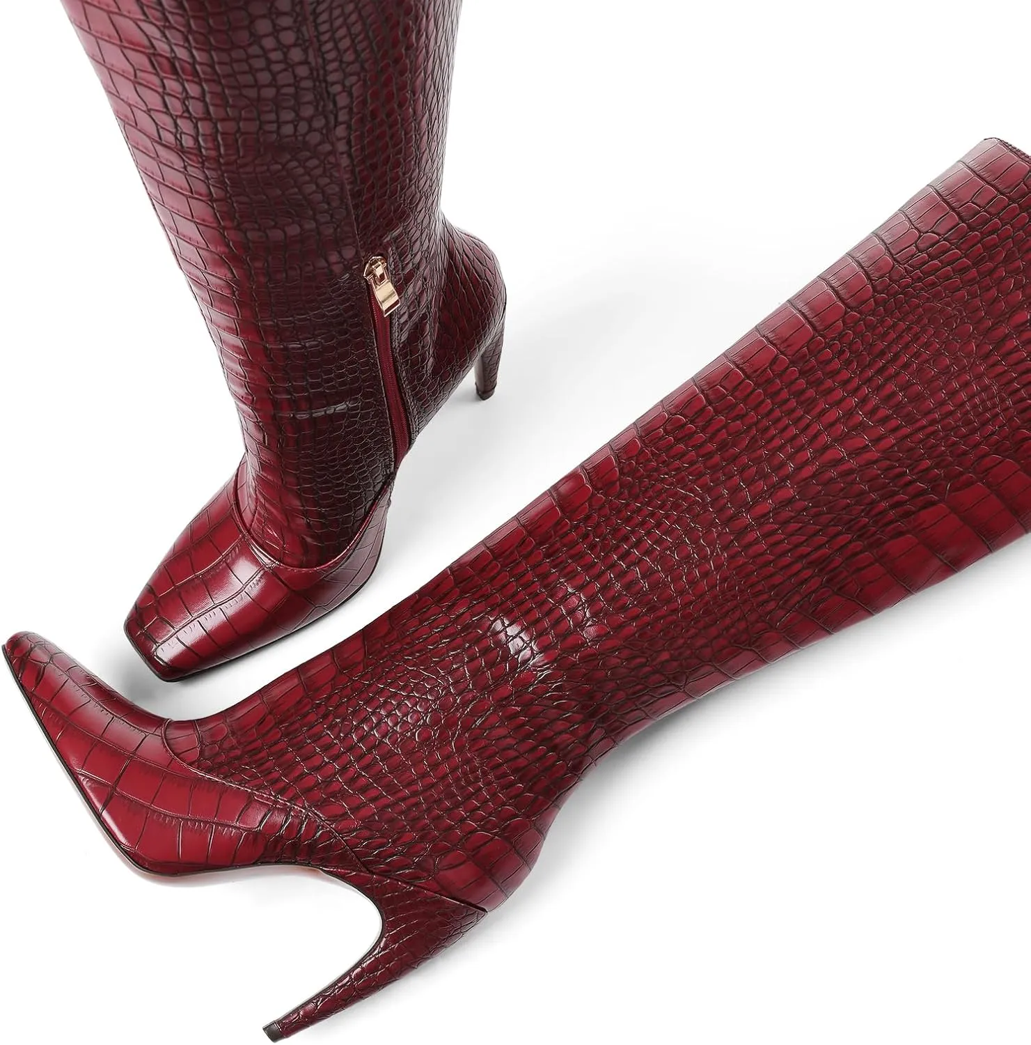 femflame Knee High Boots for Women Wide Calf Long Boots Suede Square Toe Pull On Stiletto Heel Tall Boots