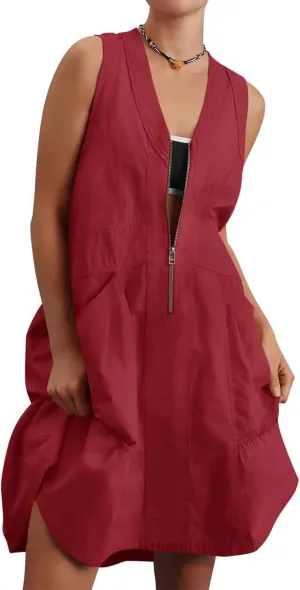 Fisoew Women's Sleeveless Tank Mini Dress Casual Half Zip V Neck Loose Mesh Back Utility Summer Dresses with Pockets