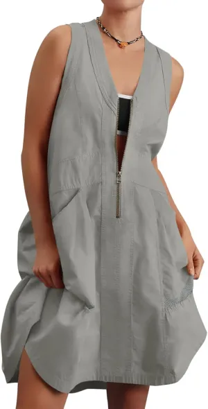 Fisoew Women's Sleeveless Tank Mini Dress Casual Half Zip V Neck Loose Mesh Back Utility Summer Dresses with Pockets