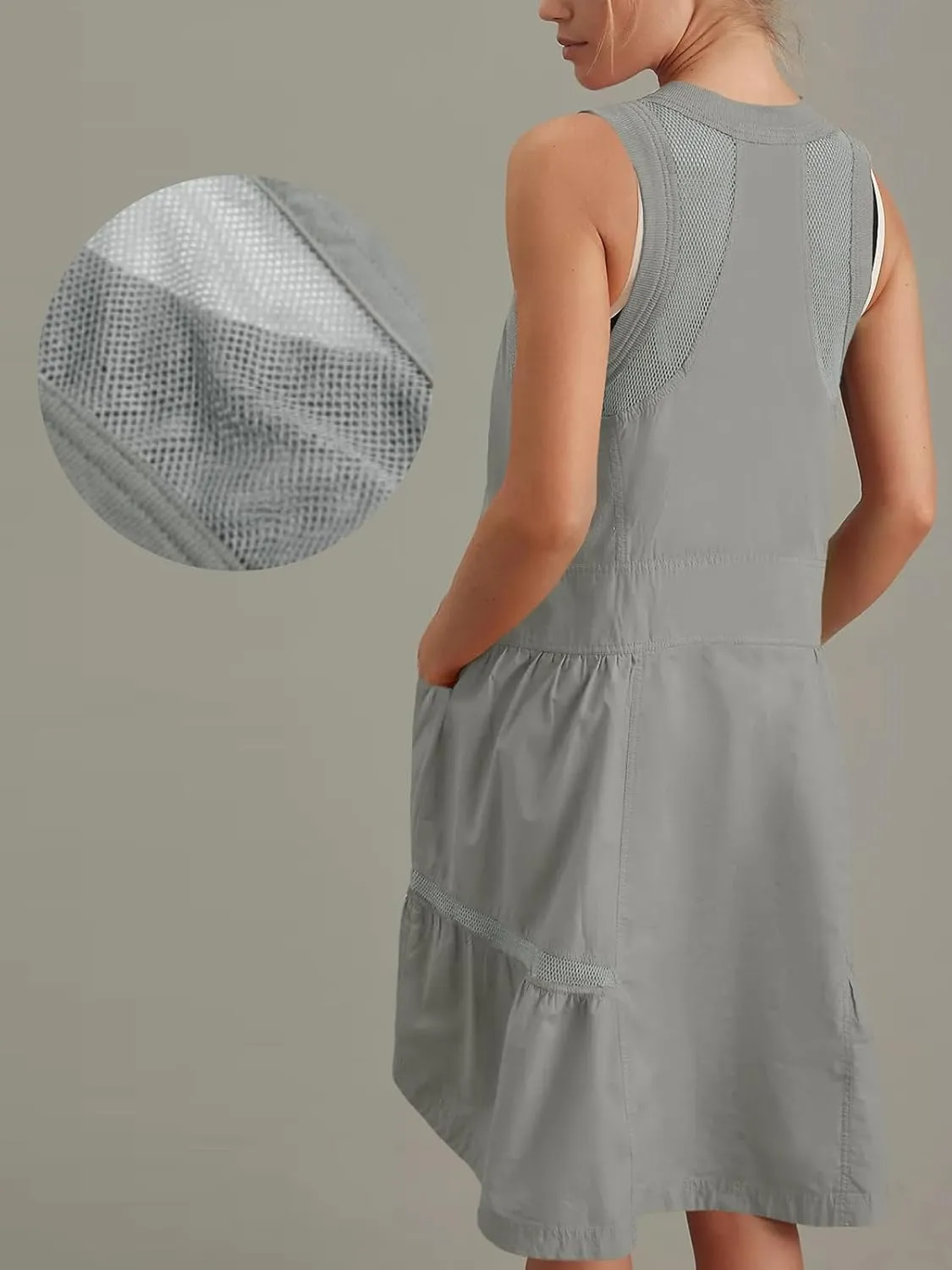 Fisoew Women's Sleeveless Tank Mini Dress Casual Half Zip V Neck Loose Mesh Back Utility Summer Dresses with Pockets