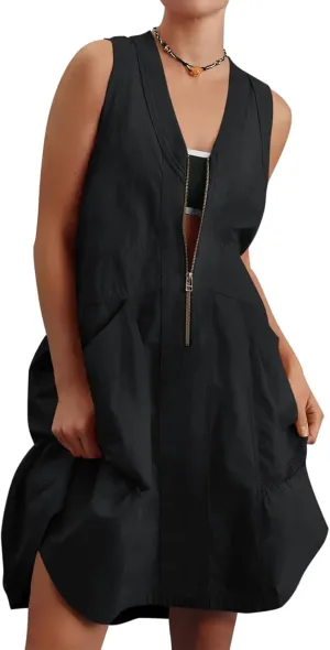 Fisoew Women's Sleeveless Tank Mini Dress Casual Half Zip V Neck Loose Mesh Back Utility Summer Dresses with Pockets