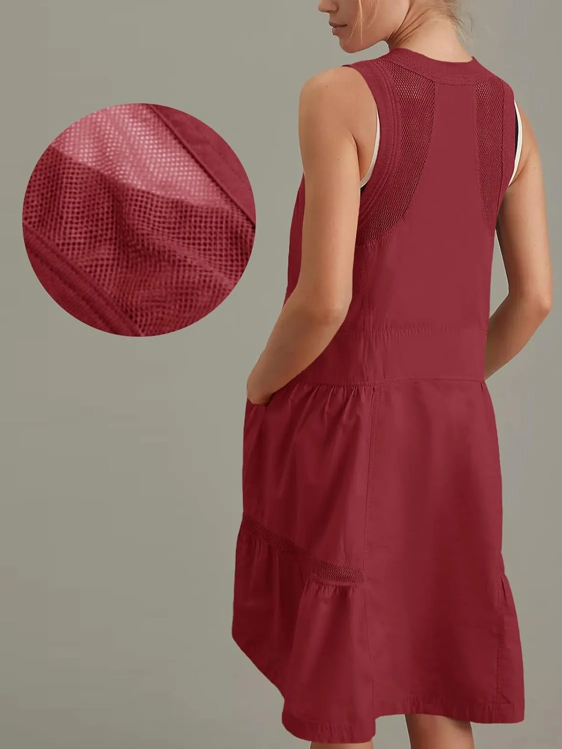 Fisoew Women's Sleeveless Tank Mini Dress Casual Half Zip V Neck Loose Mesh Back Utility Summer Dresses with Pockets
