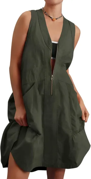 Fisoew Women's Sleeveless Tank Mini Dress Casual Half Zip V Neck Loose Mesh Back Utility Summer Dresses with Pockets