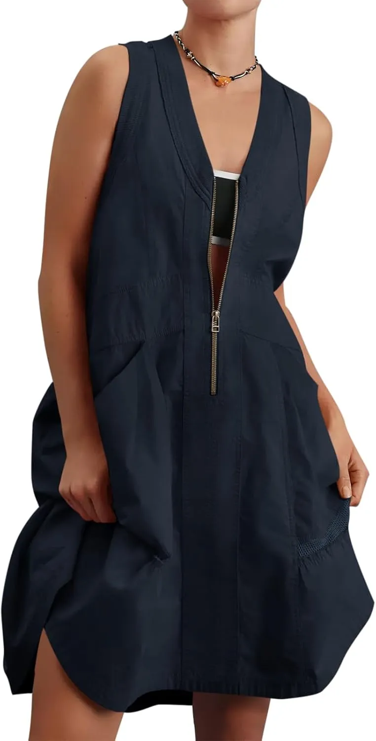 Fisoew Women's Sleeveless Tank Mini Dress Casual Half Zip V Neck Loose Mesh Back Utility Summer Dresses with Pockets