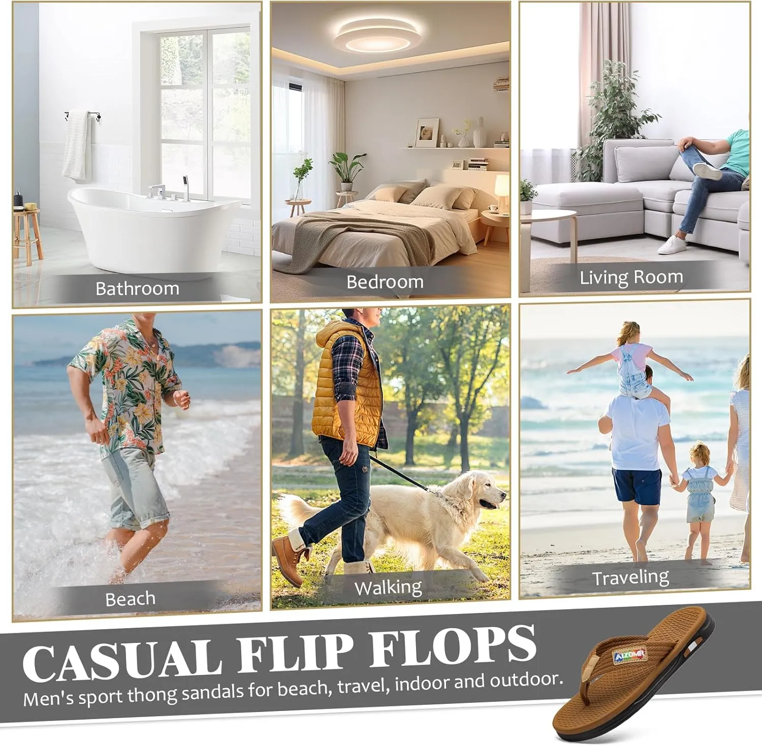 Flip Flops for Men Comfortable Open Toe Summer Beach Thong Sandals Indoor and Outdoor Cushion Slip on Water Resistant Slippers