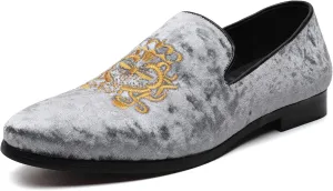 FLQL Men's Luxury Velvet Penny Loafers Shoes Embroidery Suede Dress Loafers Daily Boats Shoes for Party Wedding Prom Size 7-13
