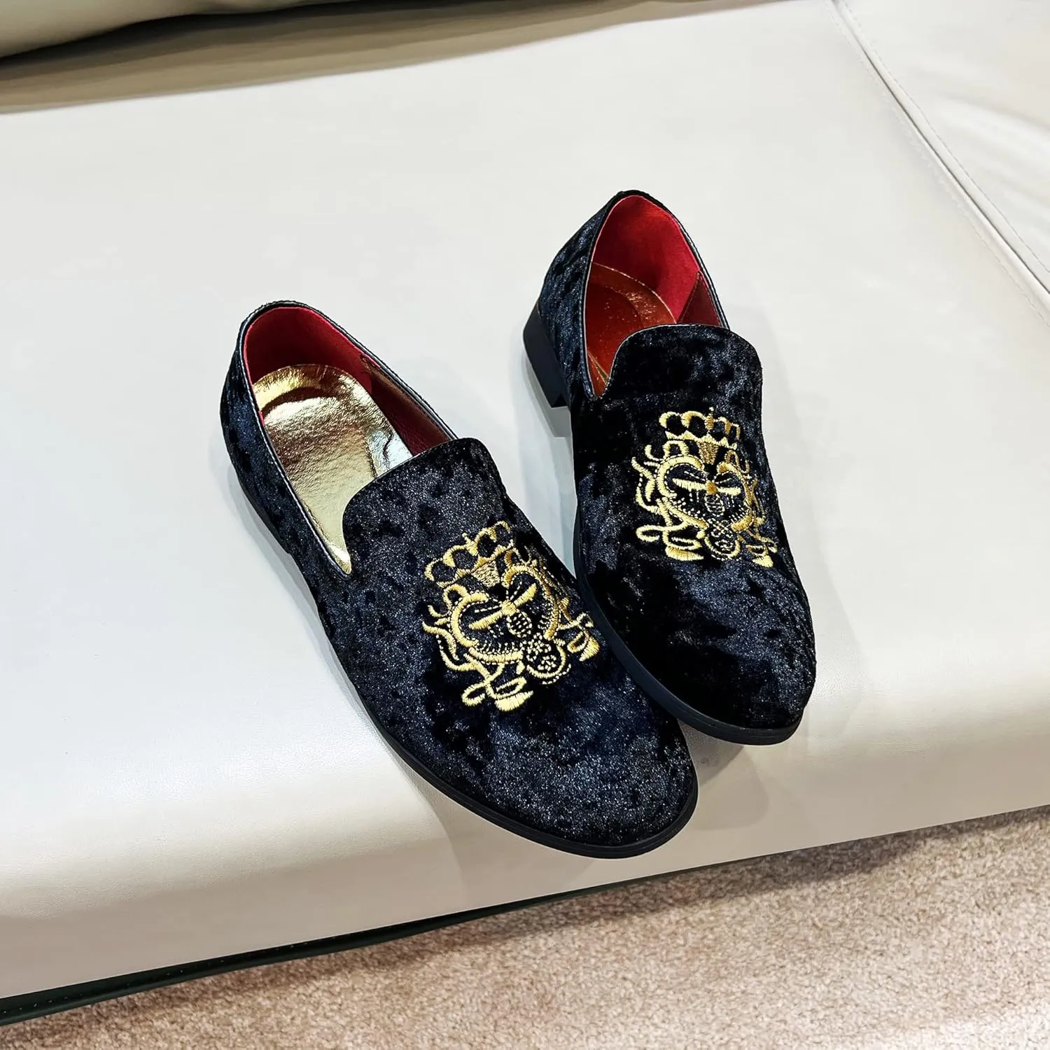 FLQL Men's Luxury Velvet Penny Loafers Shoes Embroidery Suede Dress Loafers Daily Boats Shoes for Party Wedding Prom Size 7-13