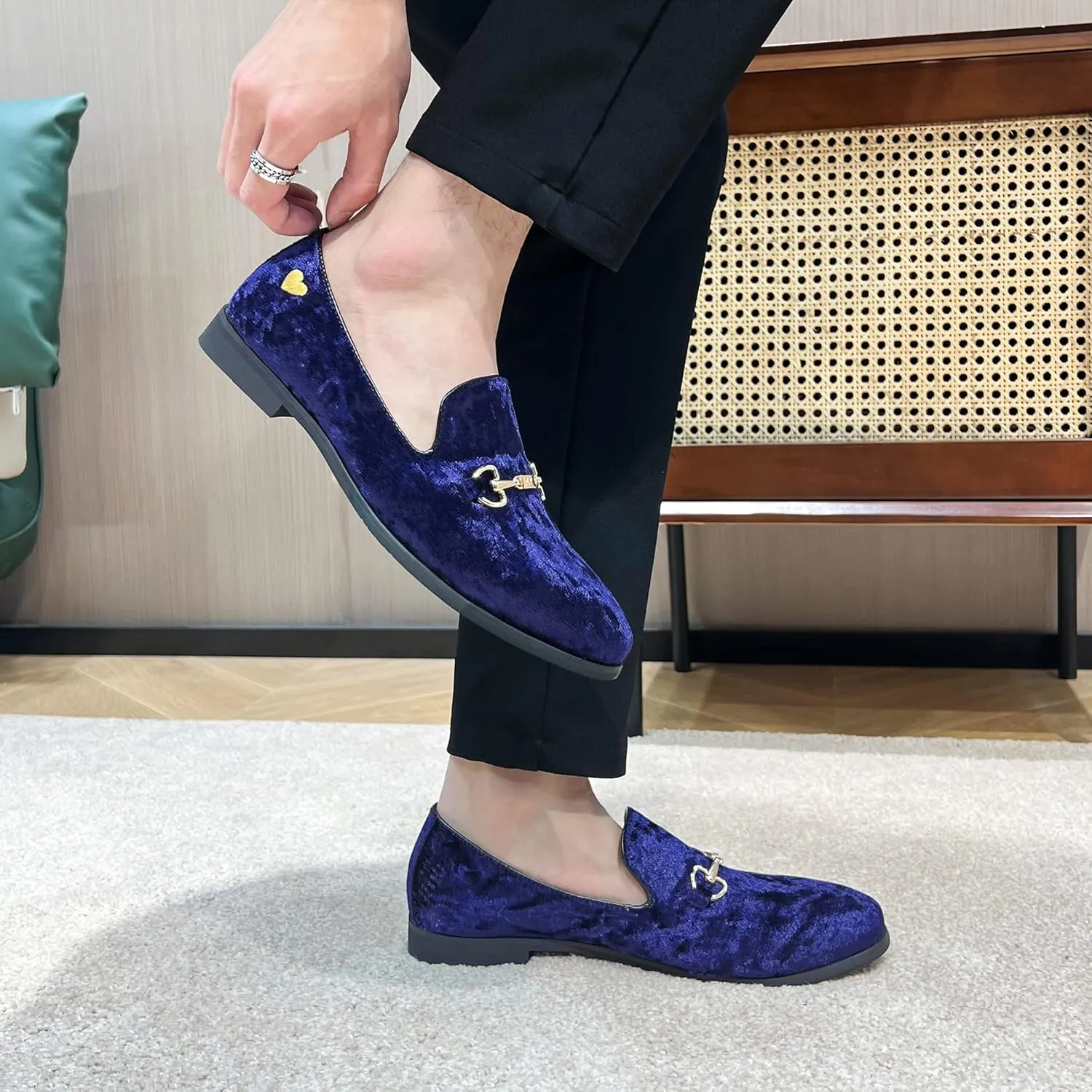FLQL Men's Luxury Velvet Penny Loafers Shoes Embroidery Suede Dress Loafers Daily Boats Shoes for Party Wedding Prom Size 7-13