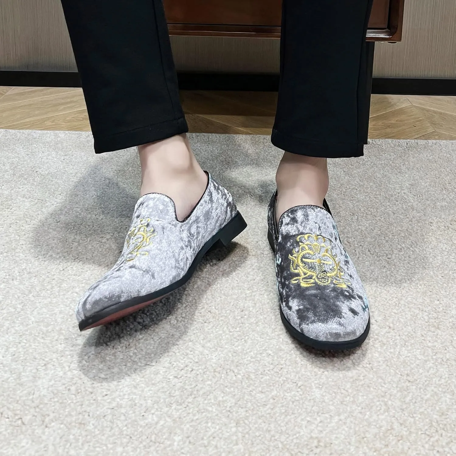 FLQL Men's Luxury Velvet Penny Loafers Shoes Embroidery Suede Dress Loafers Daily Boats Shoes for Party Wedding Prom Size 7-13