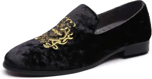 FLQL Men's Luxury Velvet Penny Loafers Shoes Embroidery Suede Dress Loafers Daily Boats Shoes for Party Wedding Prom Size 7-13