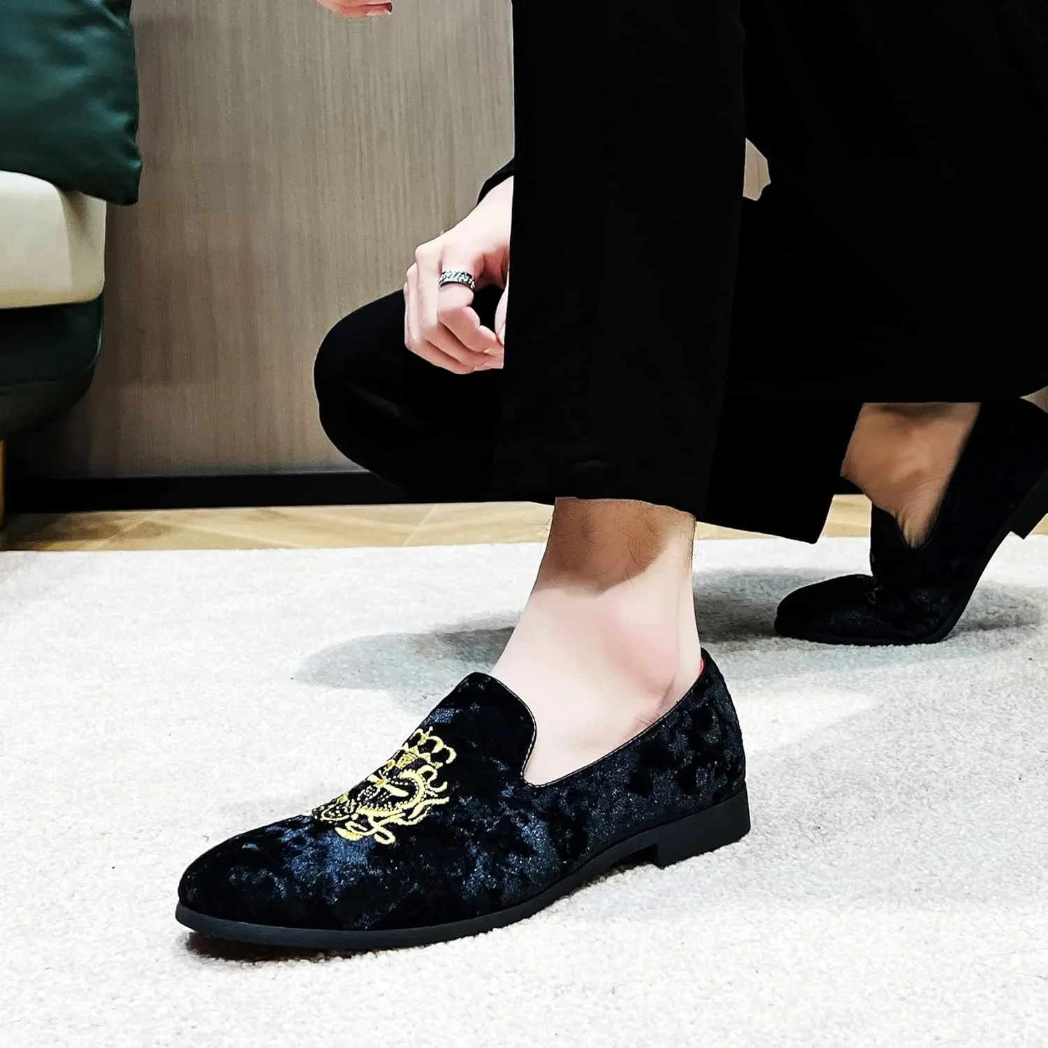 FLQL Men's Luxury Velvet Penny Loafers Shoes Embroidery Suede Dress Loafers Daily Boats Shoes for Party Wedding Prom Size 7-13