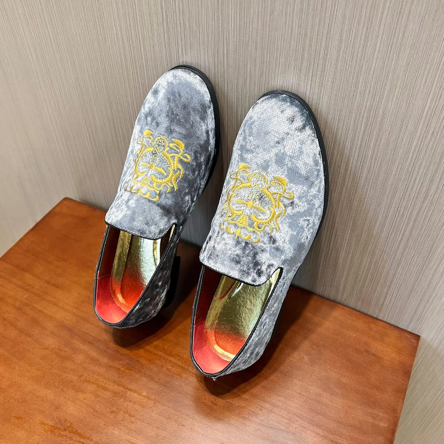 FLQL Men's Luxury Velvet Penny Loafers Shoes Embroidery Suede Dress Loafers Daily Boats Shoes for Party Wedding Prom Size 7-13