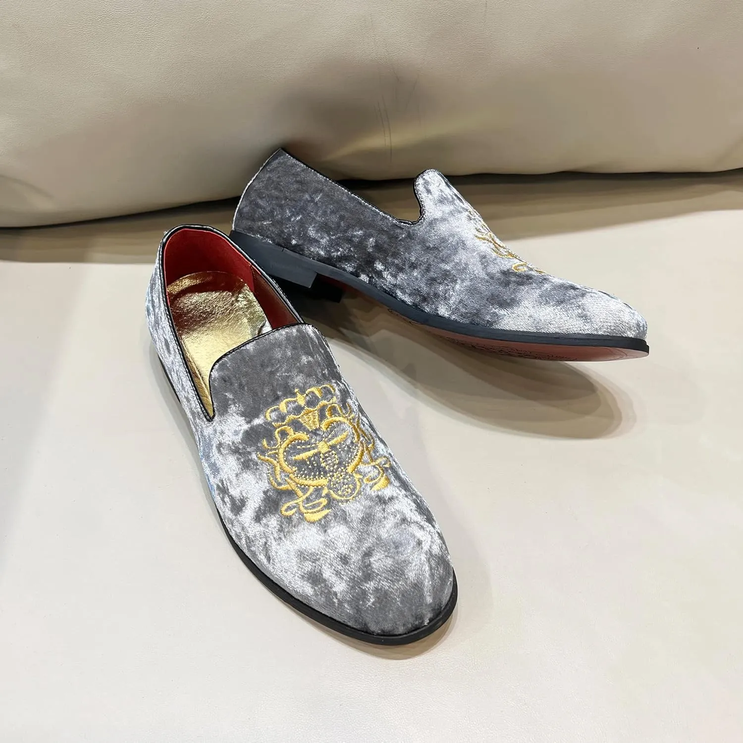 FLQL Men's Luxury Velvet Penny Loafers Shoes Embroidery Suede Dress Loafers Daily Boats Shoes for Party Wedding Prom Size 7-13