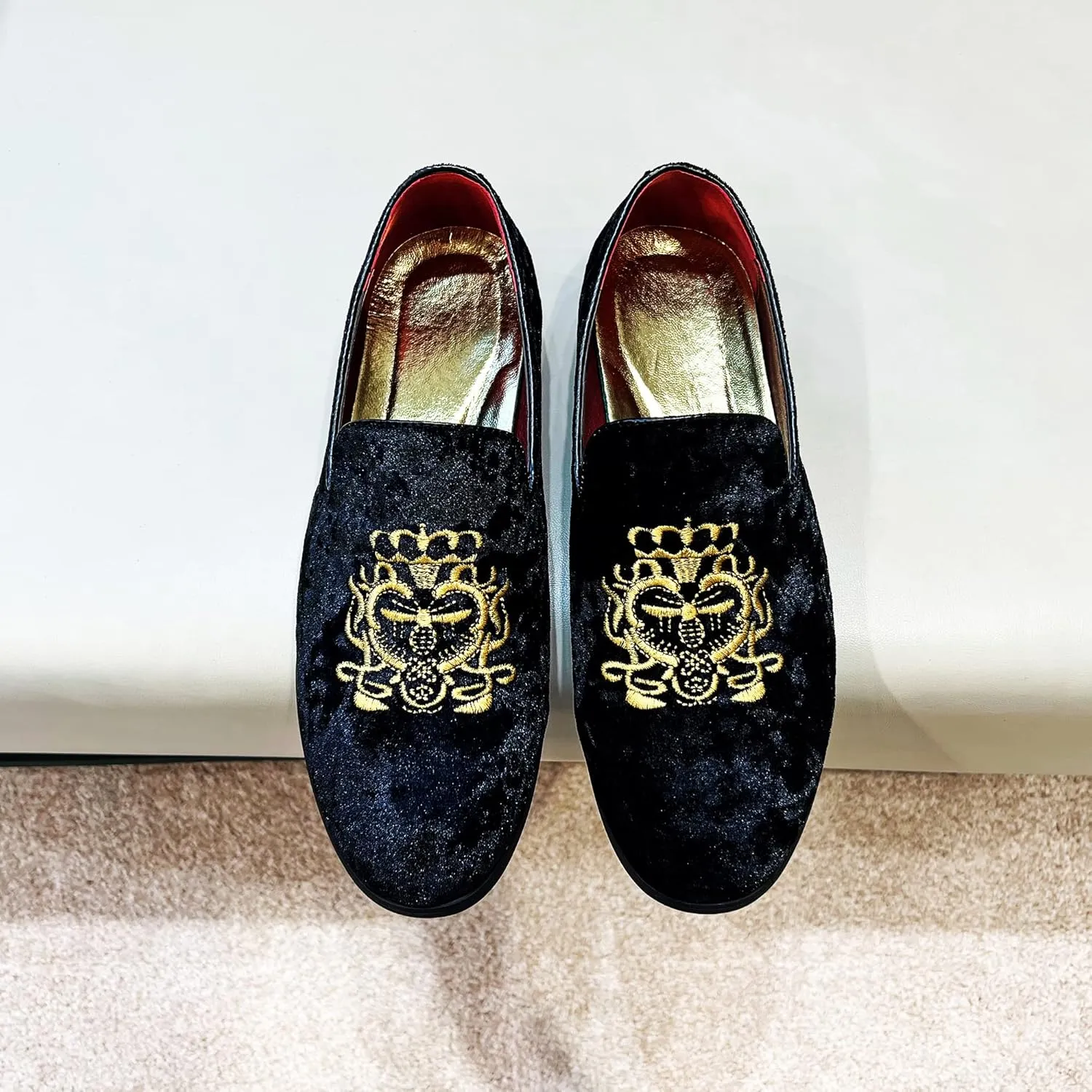 FLQL Men's Luxury Velvet Penny Loafers Shoes Embroidery Suede Dress Loafers Daily Boats Shoes for Party Wedding Prom Size 7-13