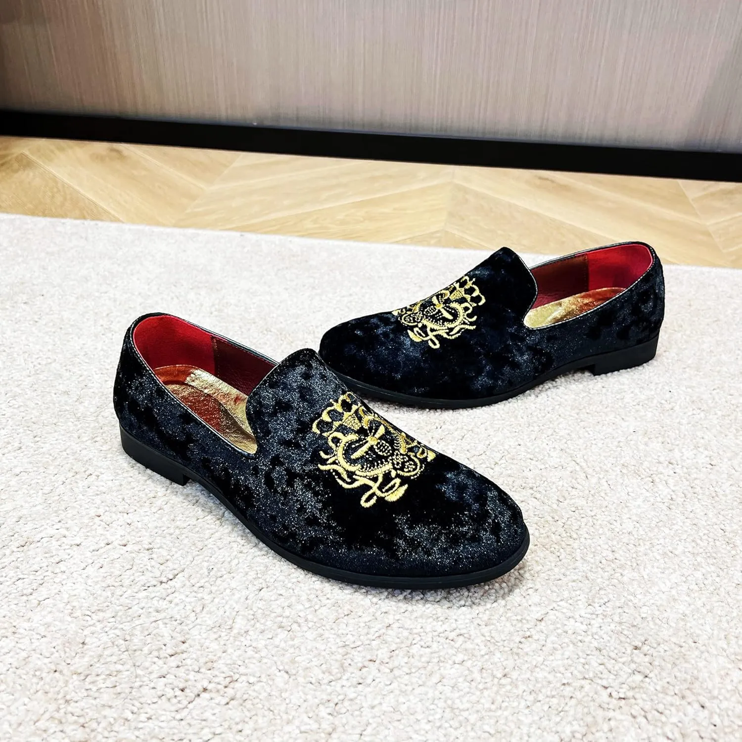 FLQL Men's Luxury Velvet Penny Loafers Shoes Embroidery Suede Dress Loafers Daily Boats Shoes for Party Wedding Prom Size 7-13