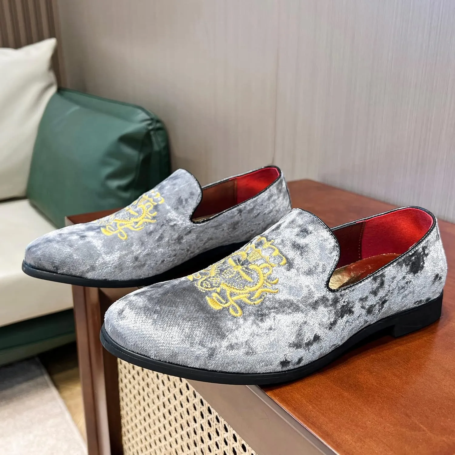FLQL Men's Luxury Velvet Penny Loafers Shoes Embroidery Suede Dress Loafers Daily Boats Shoes for Party Wedding Prom Size 7-13